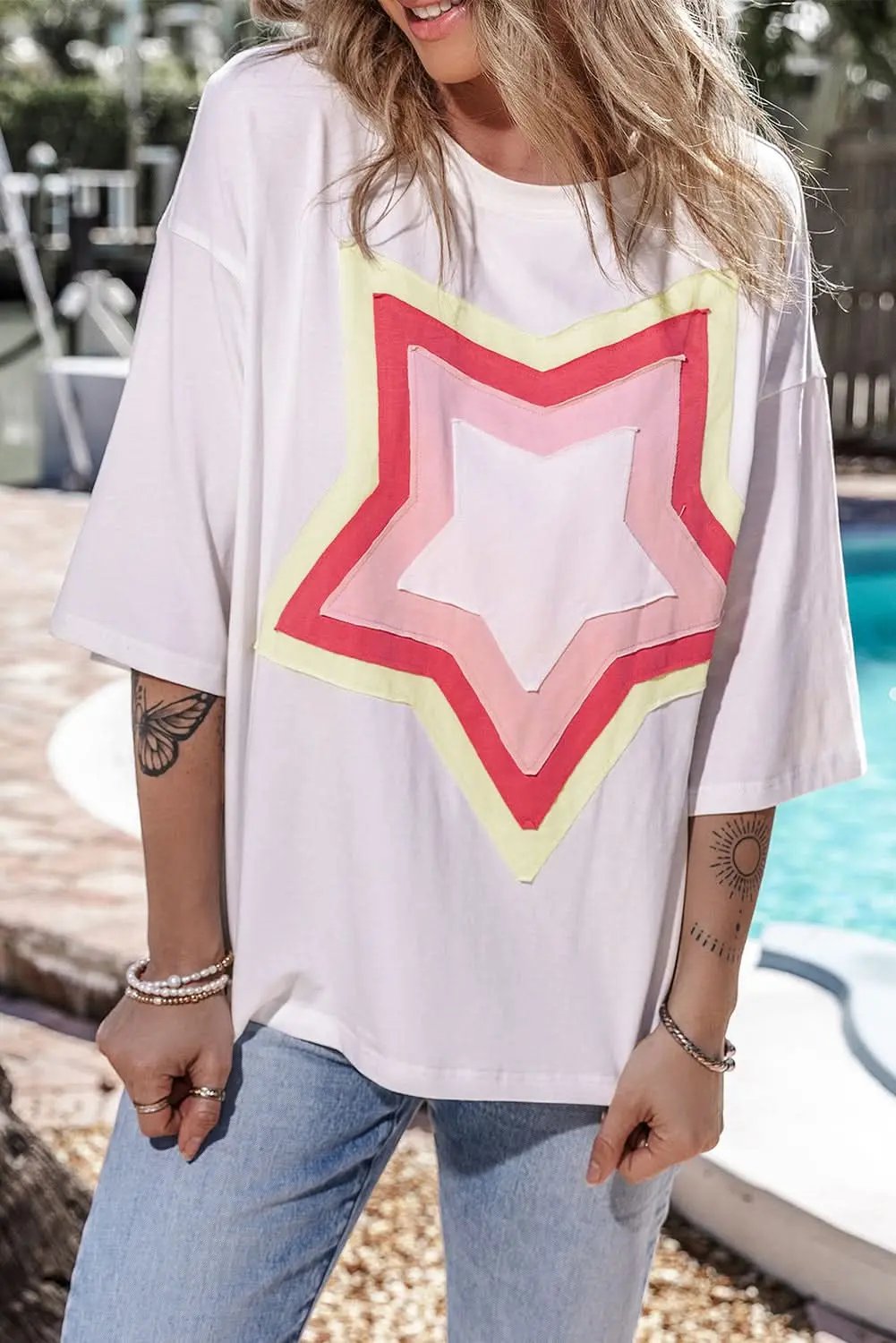 White Colorblock Star Patched Half Sleeve Oversized Tee - Love Salve